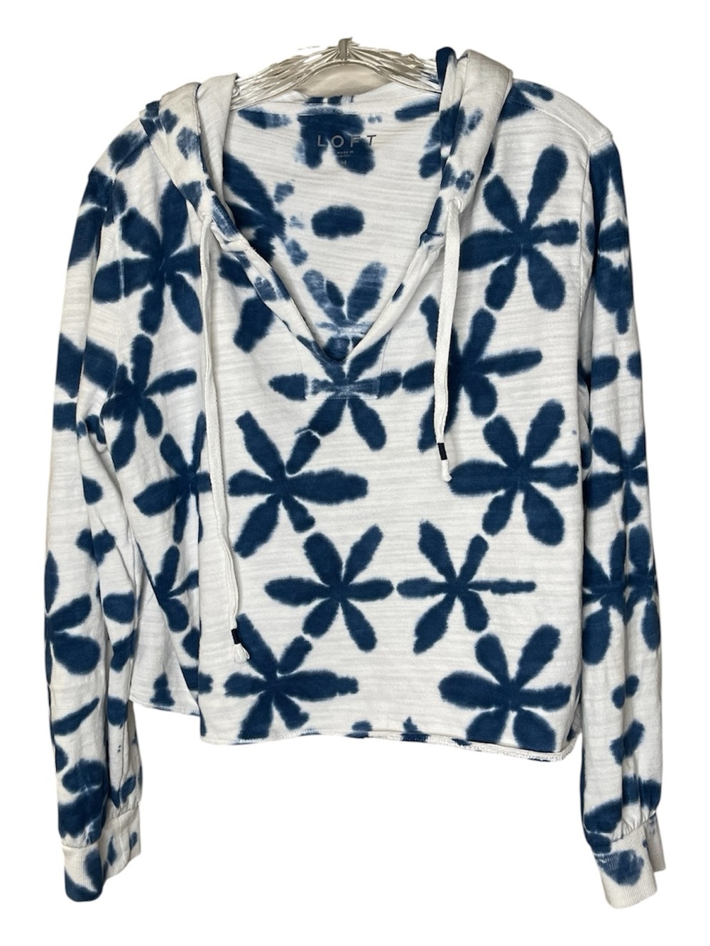LOFT White & Navy Floral Tie-Dye Hoodie Top Sz M - Picture 2 of 5